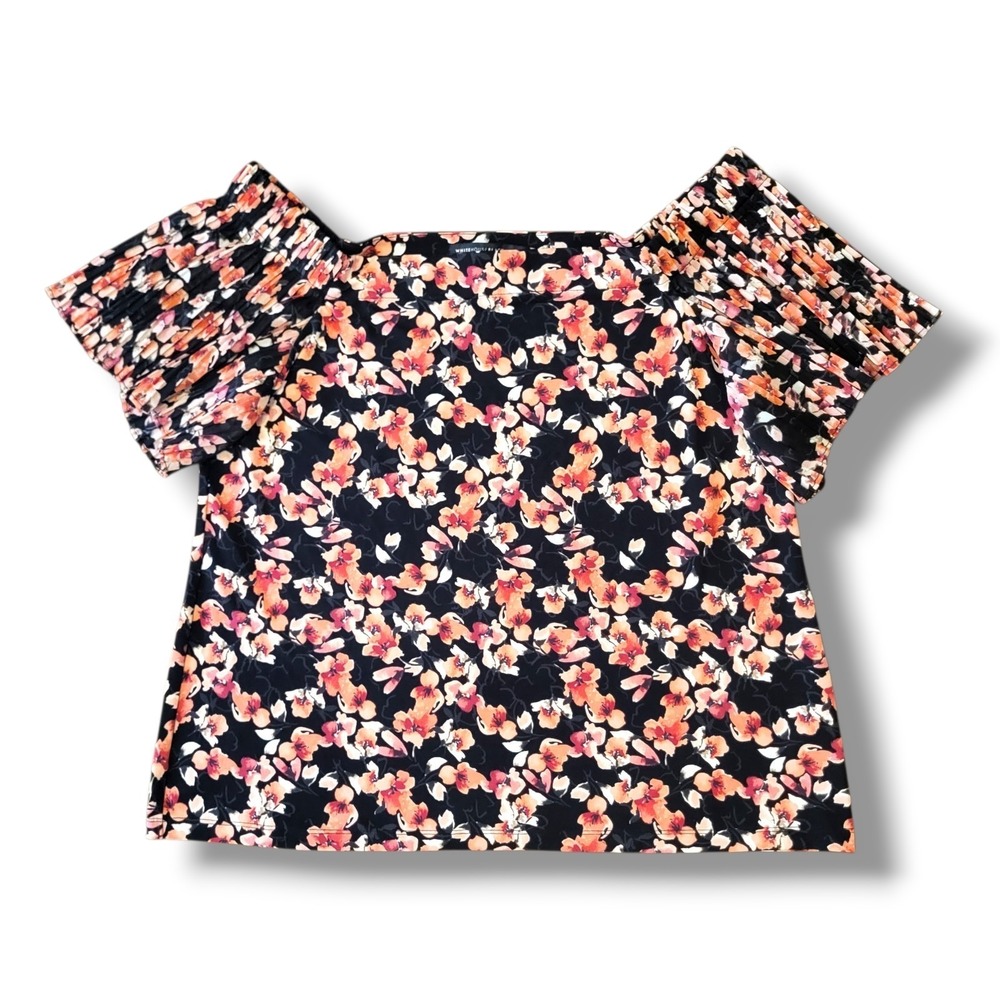 WHBM Black Floral Off Shoulder Blouse Pleated Sleeve Womens Size L